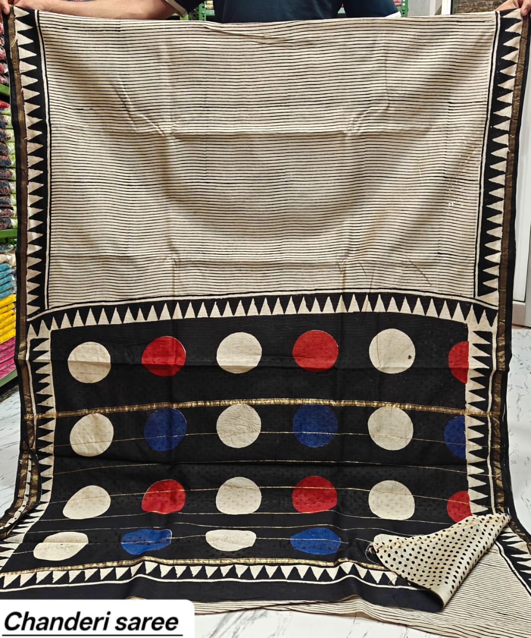 Black & White Polka Dot Chanderi Bagru Handblock Printed Silk Cotton Saree With Blouse