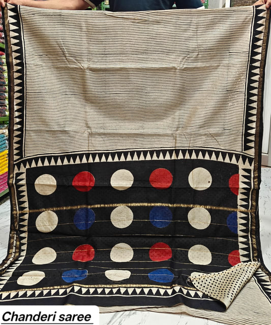 Black & White Polka Dot Chanderi Bagru Handblock Printed Silk Cotton Saree With Blouse