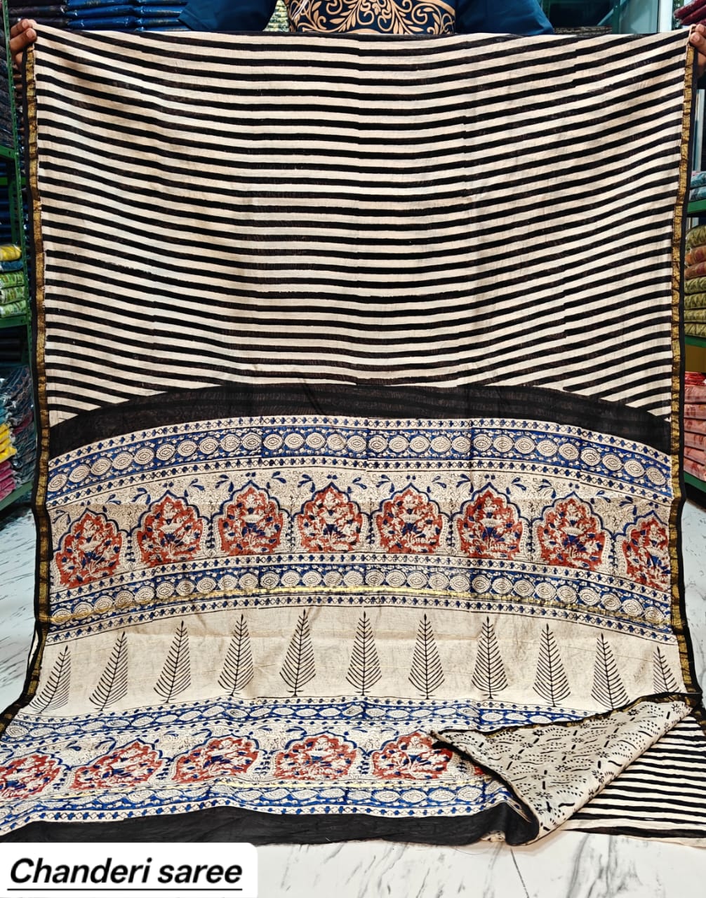 Black & White Striped with Blue Floral Border Chanderi Bagru Handblock Printed Silk Saree With Blouse