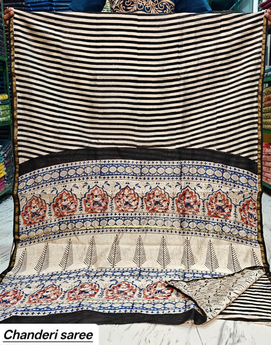 Black & White Striped with Blue Floral Border Chanderi Bagru Handblock Printed Silk Saree With Blouse