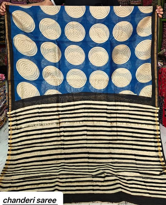 Black & White Striped with Blue Polka Dot Chanderi Bagru Handblock Printed Silk Cotton Saree With Blouse