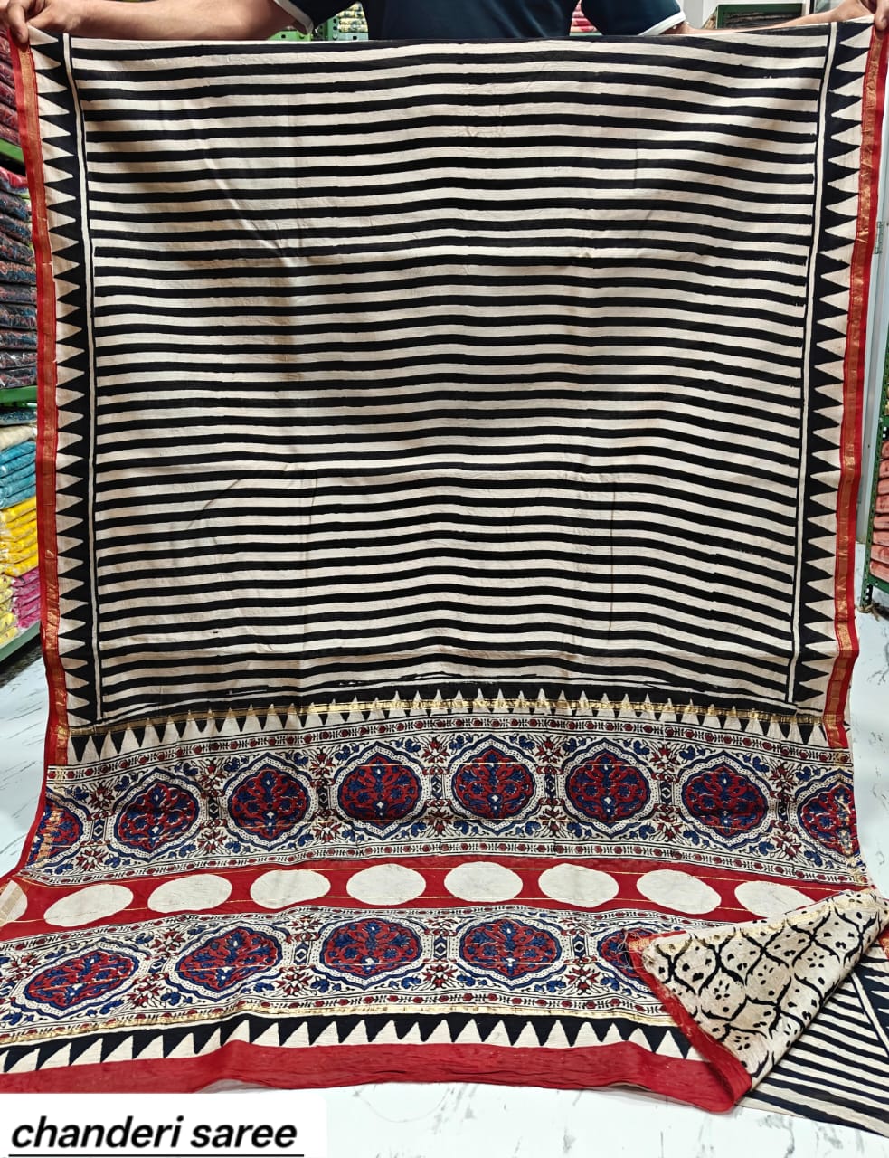 Black & White Striped with Red Border Chanderi Bagru Handblock Printed Silk Cotton Saree With Blouse