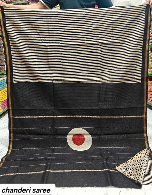 Black & White Striped with Red Polka Dot Chanderi Bagru Handblock Printed Silk Cotton Saree With Blouse