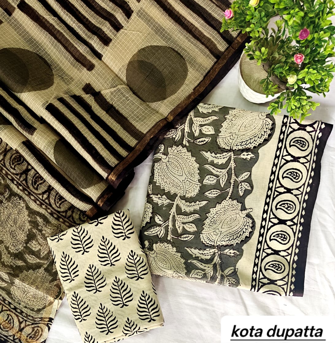 Black and Beige Circular Geometric Traditional Cotton Suit Set with Kota Doria Dupatta (Handblock Printed)