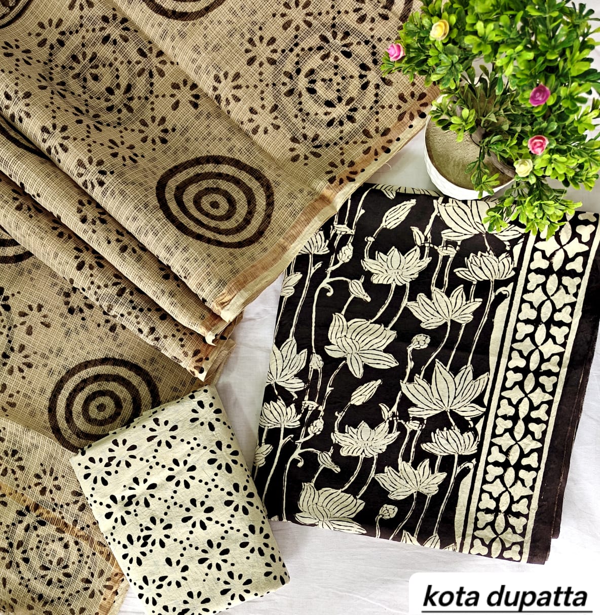 Black and Cream Geometric Swirl Traditional Cotton Suit Set with Kota Doria Dupatta (Handblock Printed)