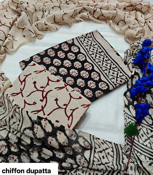 Black and Red Floral Traditional Handblock Cotton Suit Set with Chiffon Dupatta