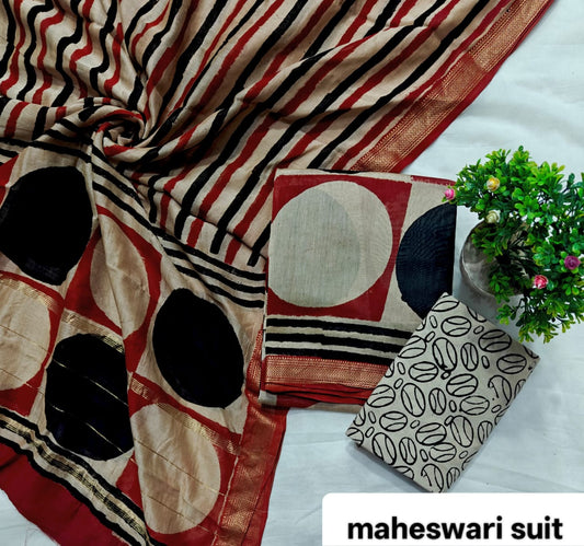 Black and Red Large Geometric Circle Handblock Printed Pure Maheshwari Silk Suit Set with Zari Border