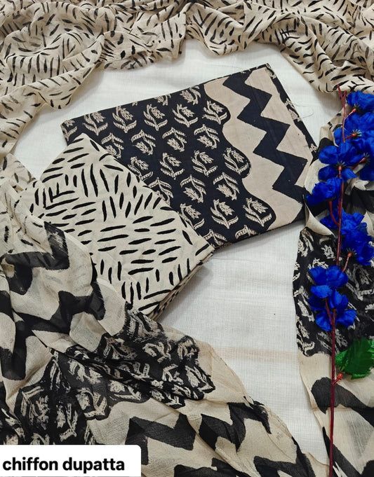 Black and White Geometric Traditional Handblock Cotton Suit Set with Chiffon Dupatta