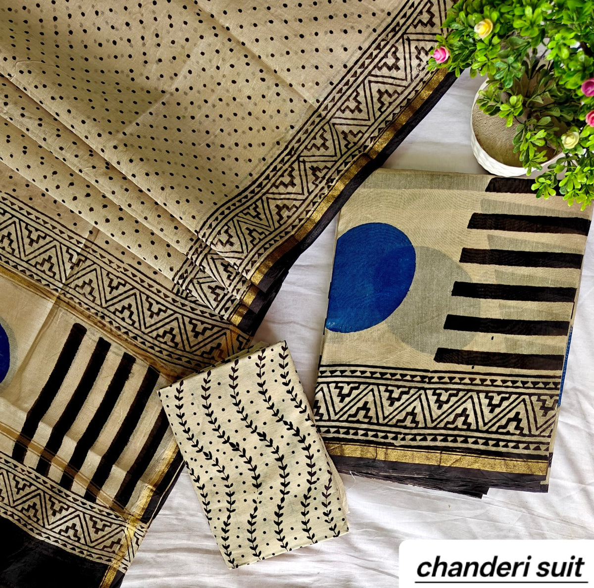 Black and Cream Geometric Handblock Printed Pure Chanderi Silk Unstitched Suit Set