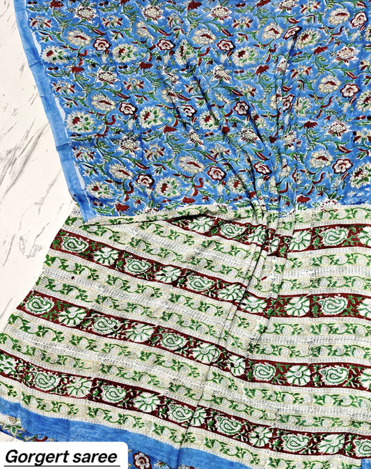 Blue & Green Floral Handblock Printed Georgette Saree
