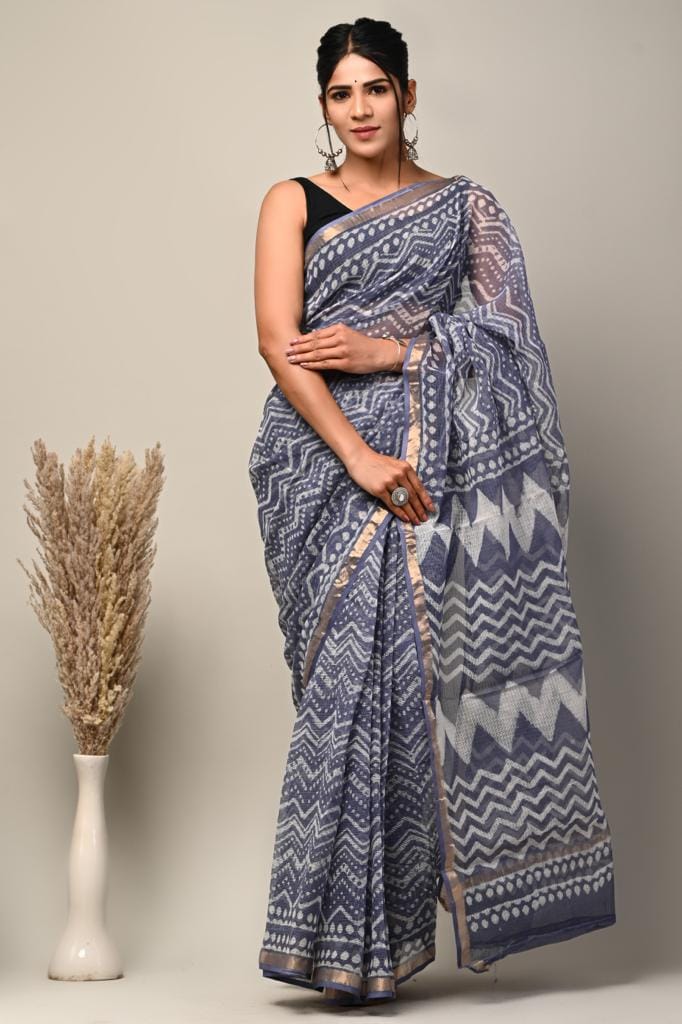 Blue & Grey Chevron Hand Block Printed Kota Doria Cotton Saree
