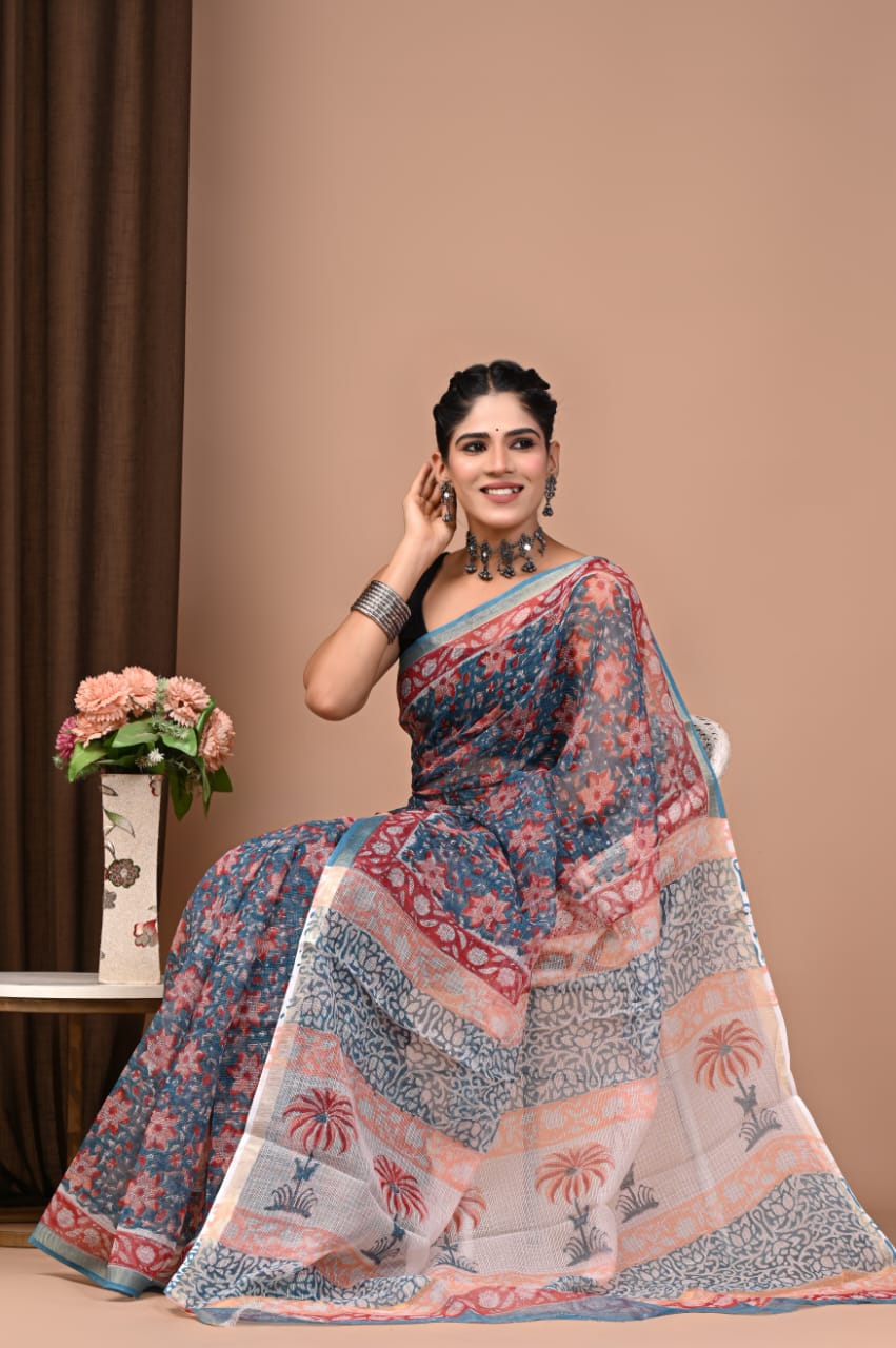 Blue & Peach Floral Hand Block Printed Kota Doria Cotton Saree