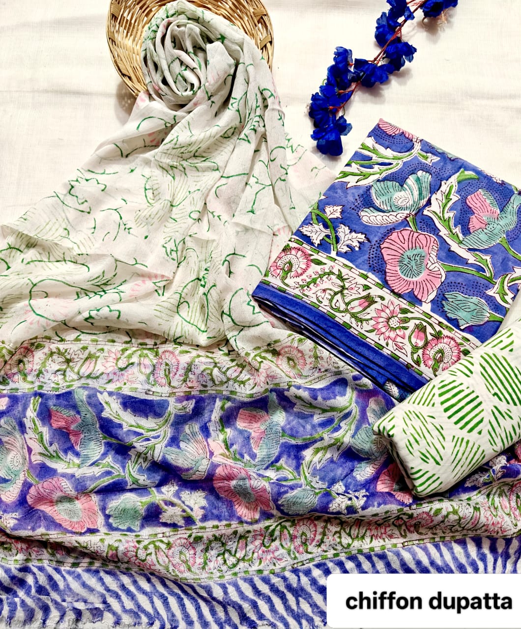 Blue and Green Floral Traditional Handblock Cotton Suit Set with Chiffon Dupatta