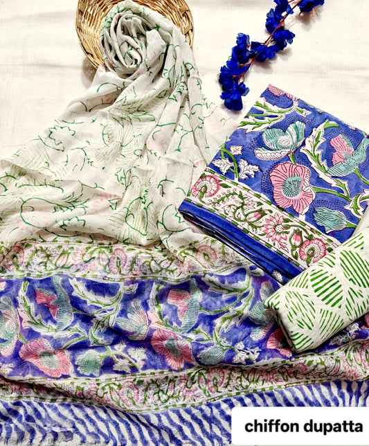 Blue and Green Floral Traditional Handblock Cotton Suit Set with Chiffon Dupatta