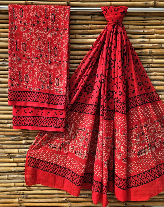 Bright Red and Black Floral Handblock Printed Cotton Suit Set - Floral Motif Border