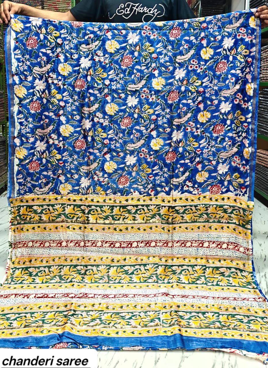 Bright Blue Floral Vine Chanderi Bagru Handblock Printed Silk Cotton Saree With Blouse