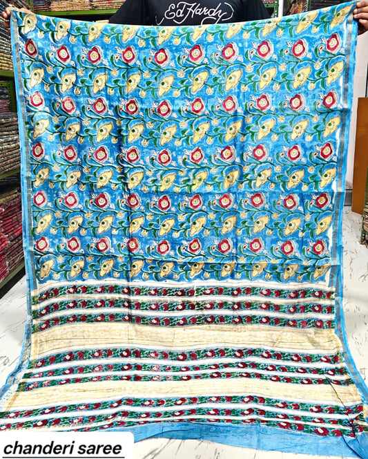 Bright Blue Paisley Vine Chanderi Bagru Handblock Printed Silk Cotton Saree With Blouse