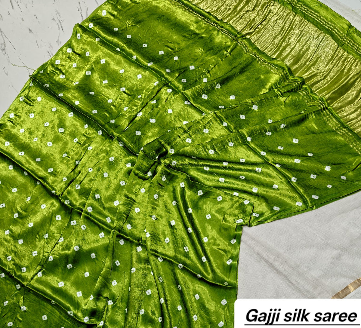 Bright Green Bandhani Ajrakh Handblock Saree in Pure Gajji Silk