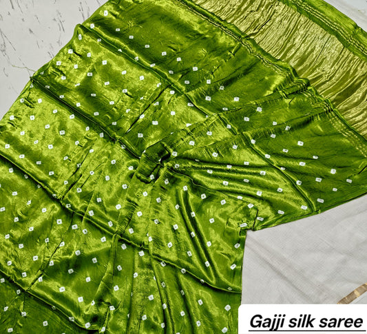 Bright Green Bandhani Ajrakh Handblock Saree in Pure Gajji Silk