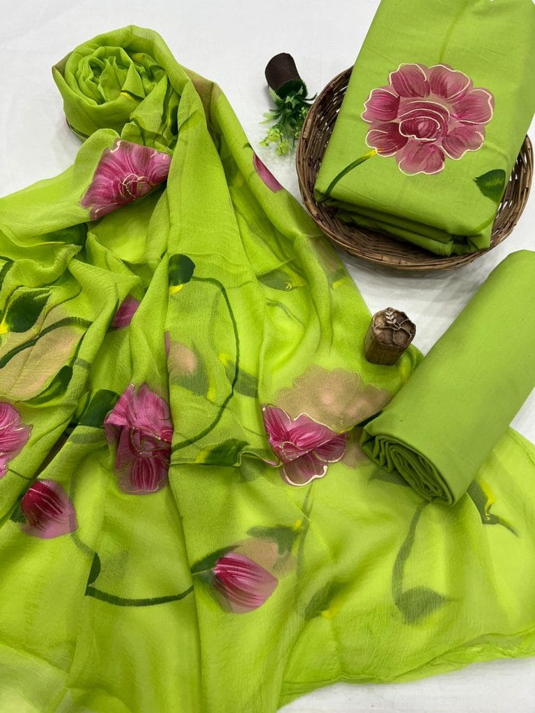 Bright Green Floral Painted Traditional Handblock Cotton Suit Set with Chiffon Dupatta