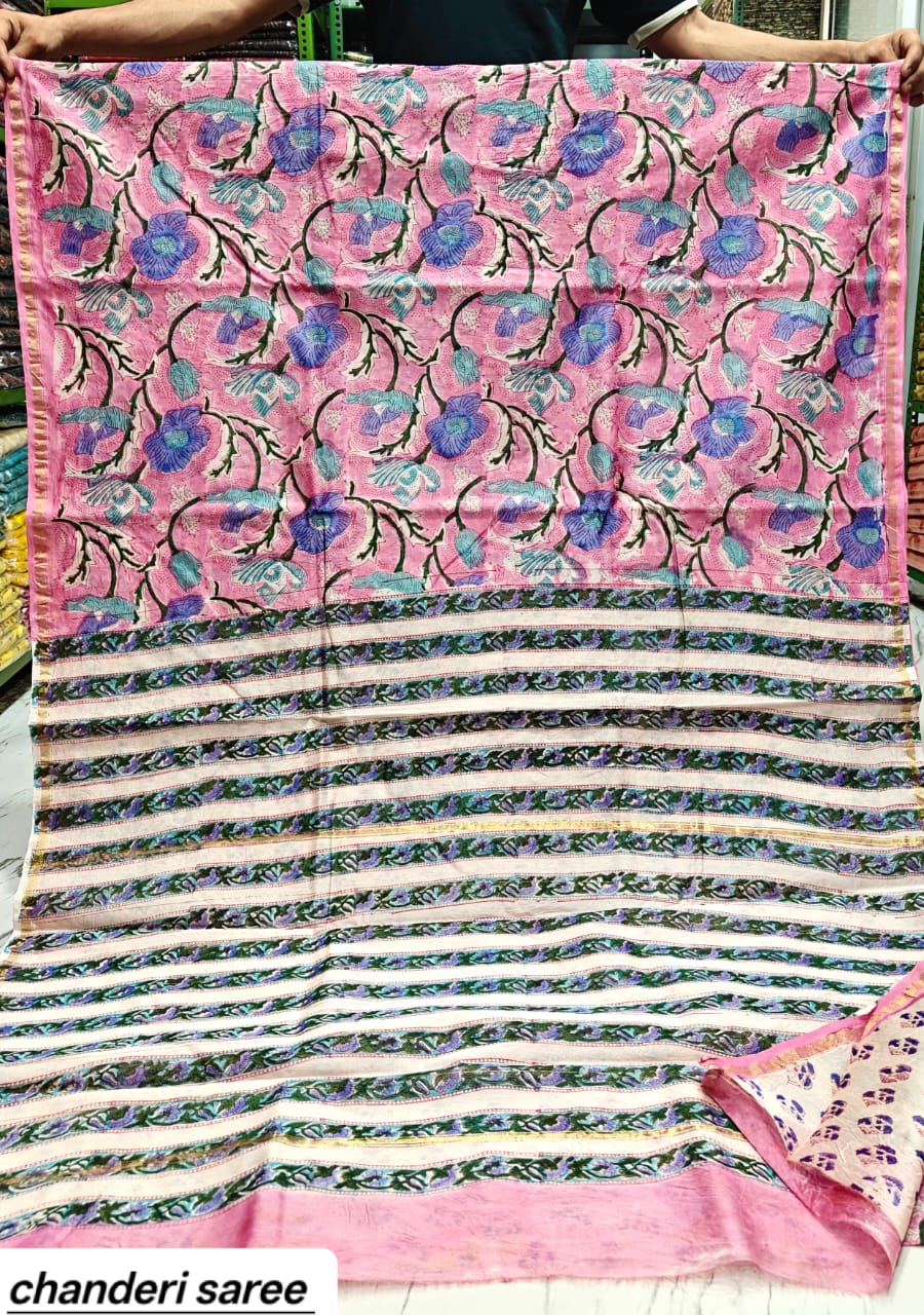 Bright Pink & Blue Floral Chanderi Bagru Handblock Printed Silk Cotton Saree With Blouse
