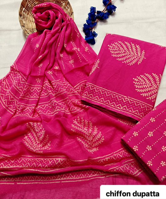 Bright Pink Classic Traditional Handblock Cotton Suit Set with Chiffon Dupatta