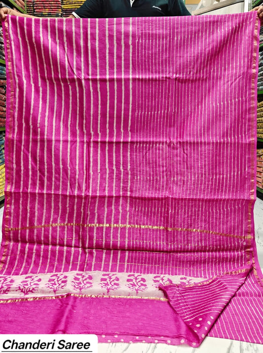 Bright Pink Solid Chanderi Bagru Handblock Printed Silk Cotton Saree With Blouse