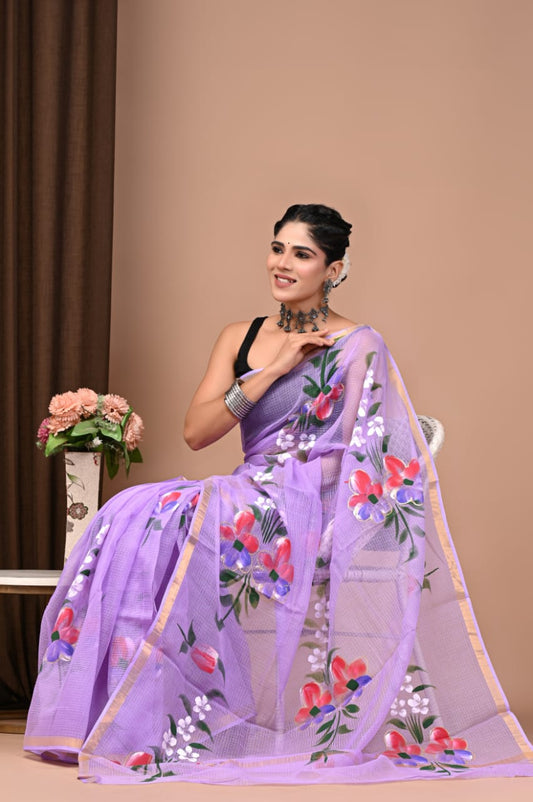 Bright Purple Floral Hand Painted Hand Block Printed Kota Doria Cotton Saree