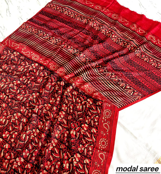 Bright Red & Black Abstract Handblock Print Pure Modal Silk Ajrakh Saree