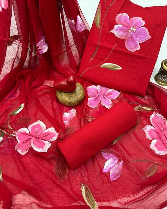 Bright Red Floral Painted Traditional Handblock Cotton Suit Set with Chiffon Dupatta