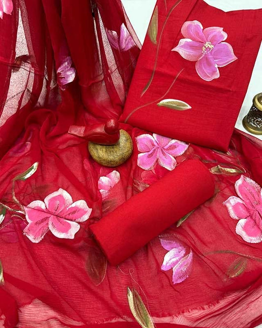 Bright Red Floral Painted Traditional Handblock Cotton Suit Set with Chiffon Dupatta