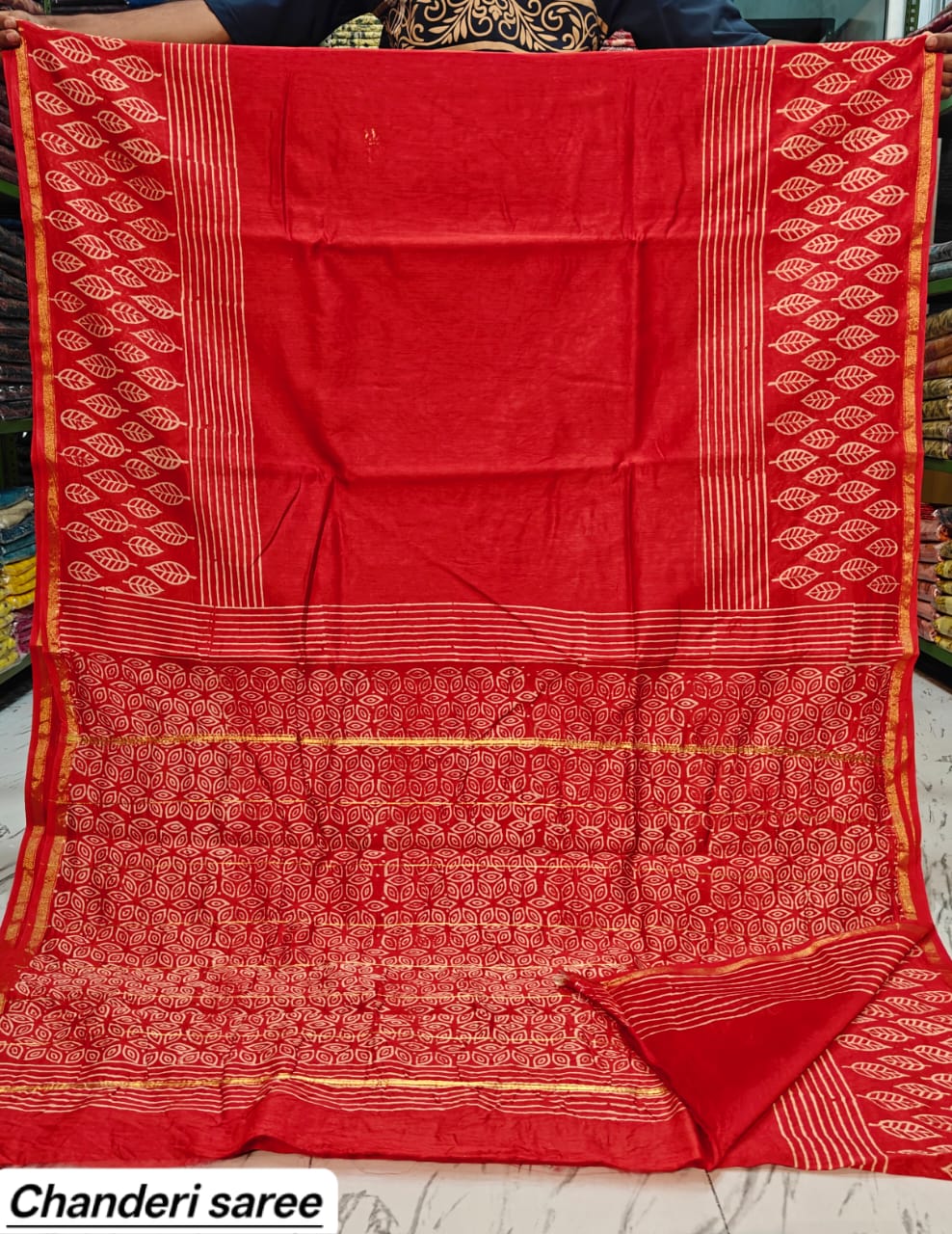 Bright Red Geometric Checkered Chanderi Bagru Handblock Printed Silk Saree With Blouse