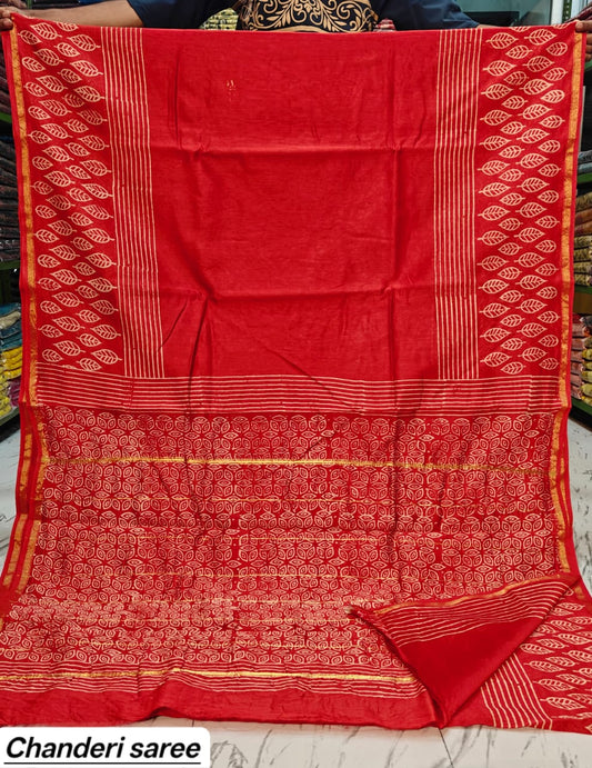 Bright Red Geometric Checkered Chanderi Bagru Handblock Printed Silk Saree With Blouse