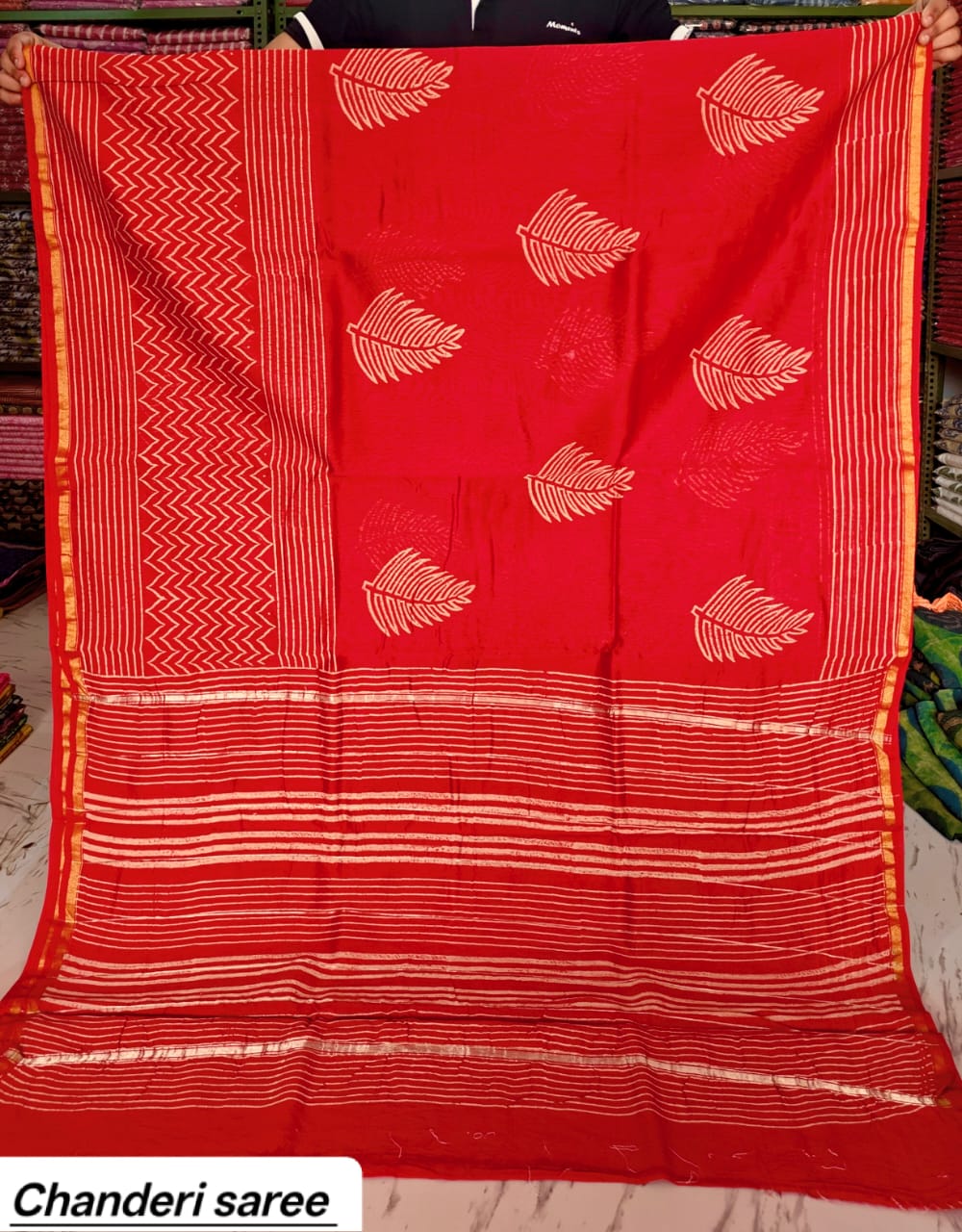 Bright Red Leaf Motif Chanderi Bagru Handblock Printed Silk Saree With Blouse