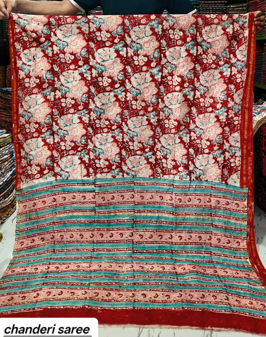 Bright Red Paisley Vine Chanderi Bagru Handblock Printed Silk Cotton Saree With Blouse