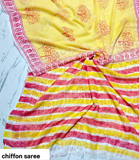 Bright Yellow and Pink Abstract Pure Hand Block Printed Double Diamond Chiffon Saree