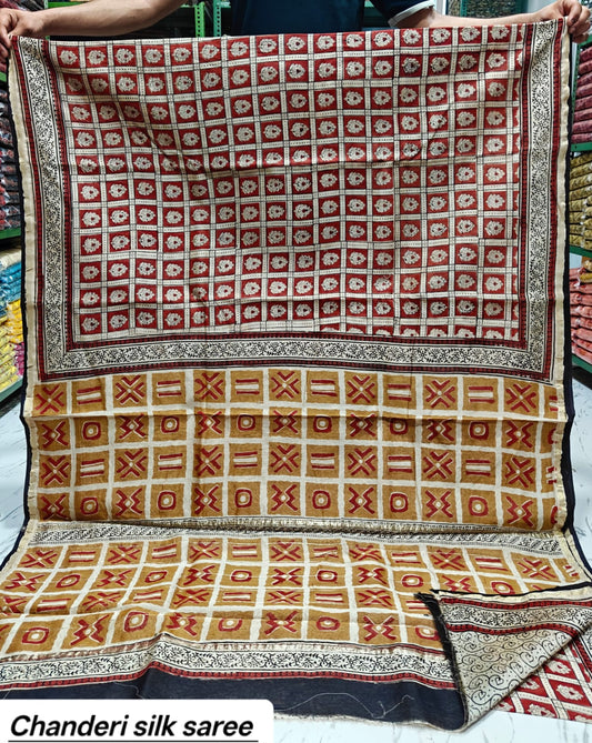 Brown & Green Checked Geometric Chanderi Bagru Handblock Printed Silk Cotton Saree With Blouse