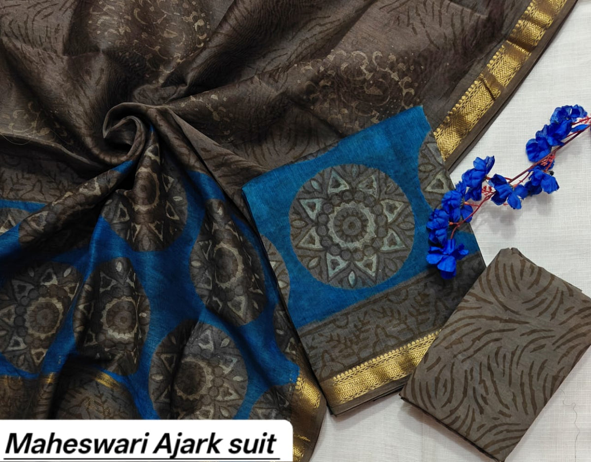 Brown & Indigo Blue Abstract Pure Maheshwari Silk with Ajrakh Print Unstitched Suit Set with Dupatta