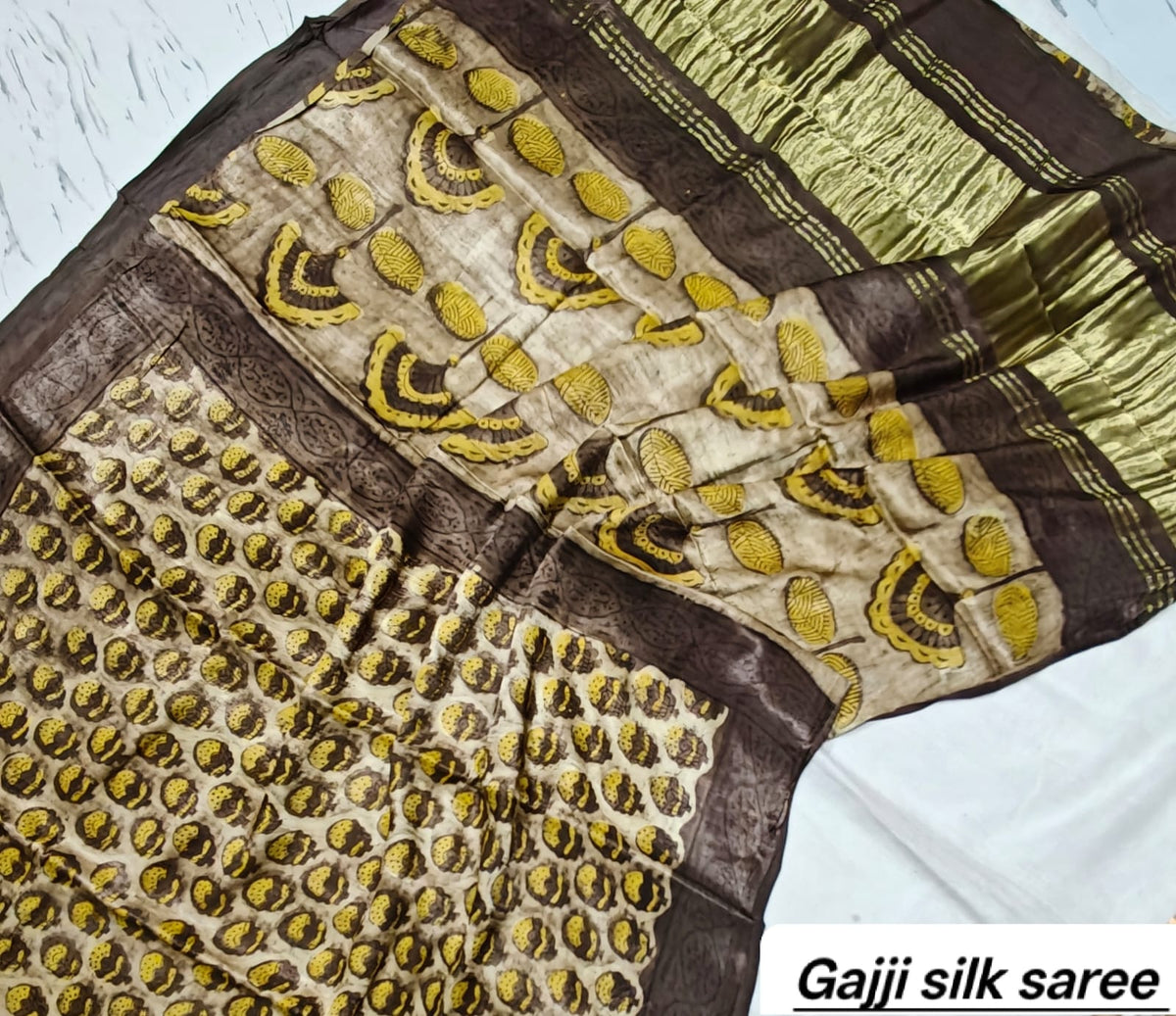 Brown & Mustard Yellow Floral Ajrakh Handblock Saree in Pure Gajji Silk