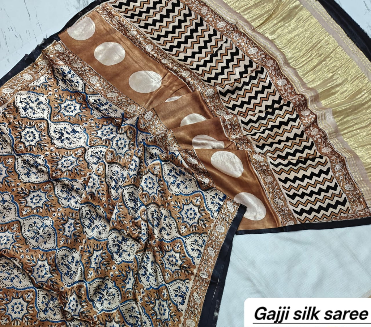Brown & White Floral Ajrakh Handblock Saree in Pure Gajji Silk