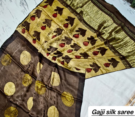 Brown & Yellow Leaf Motif Ajrakh Handblock Saree in Pure Gajji Silk
