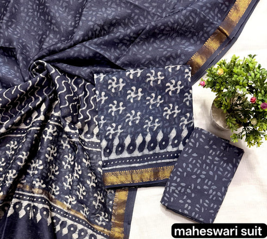 Charcoal Grey Check Motif Handblock Printed Pure Maheshwari Silk Suit Set with Zari Border