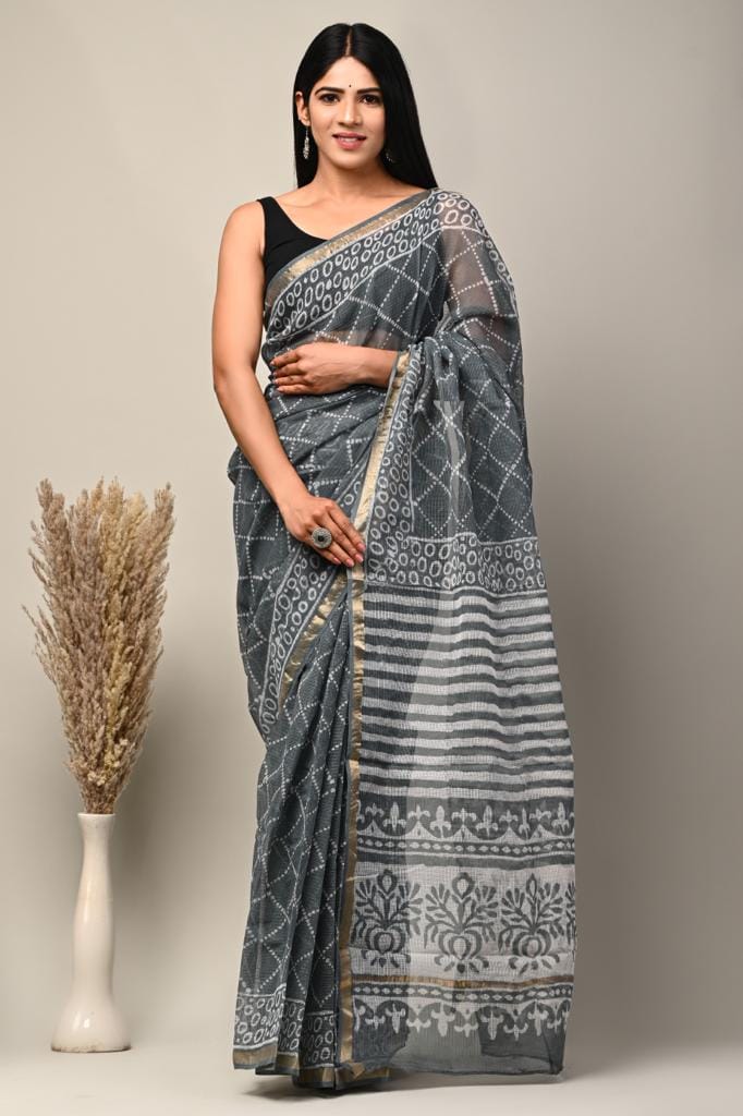 Charcoal Grey & White Striped Hand Block Printed Kota Doria Cotton Saree