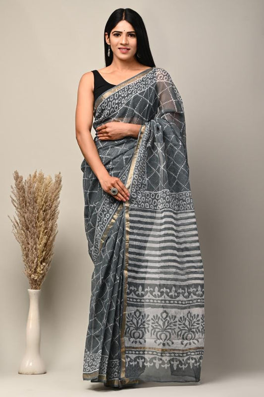 Charcoal Grey & White Striped Hand Block Printed Kota Doria Cotton Saree