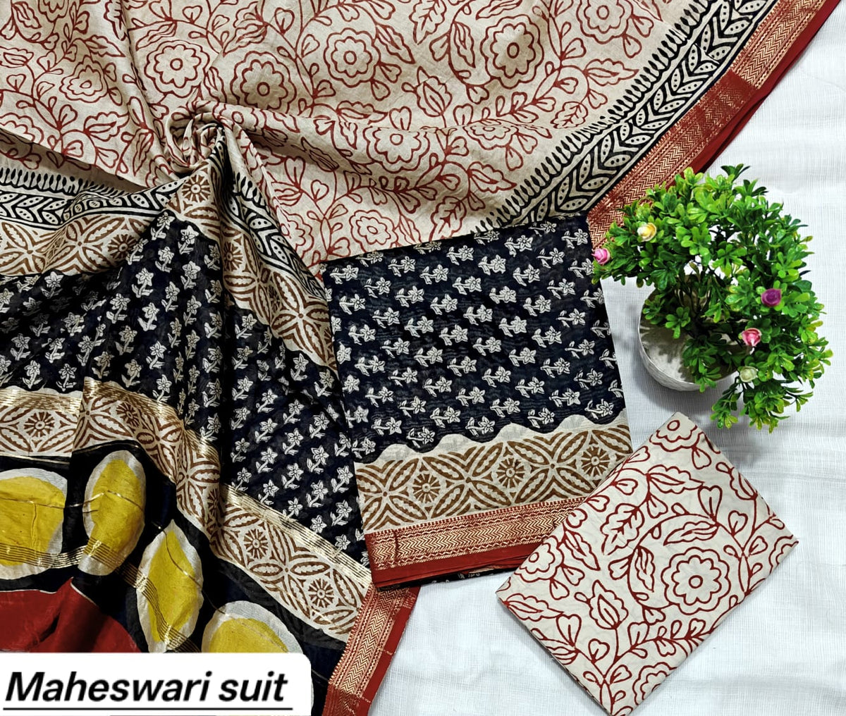 Cream Black and Red Abstract Pattern Handblock Printed Pure Maheshwari Silk Suit Set with Zari Border