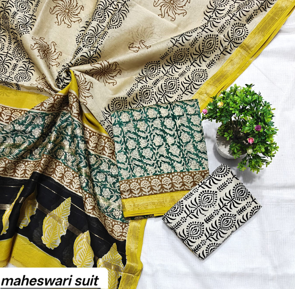 Cream Green and Blue Geometric Handblock Printed Pure Maheshwari Silk Suit Set with Zari Border