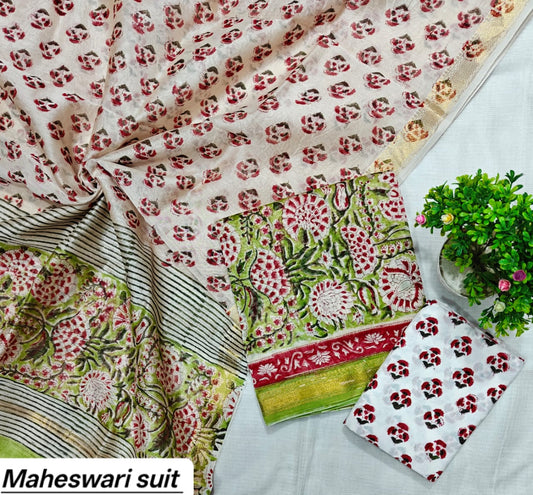 Cream Red and Olive Stripe Handblock Printed Pure Maheshwari Silk Suit Set with Zari Border