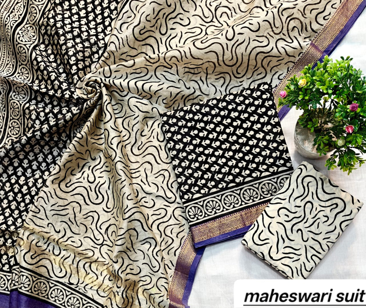 Cream and Black Abstract Handblock Handblock Printed Pure Maheshwari Silk Suit Set with Zari Border