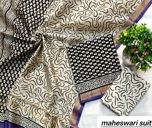 Cream and Black Abstract Handblock Handblock Printed Pure Maheshwari Silk Suit Set with Zari Border