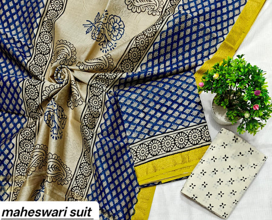 Cream and Blue Geometric Check Handblock Printed Pure Maheshwari Silk Suit Set with Zari Border